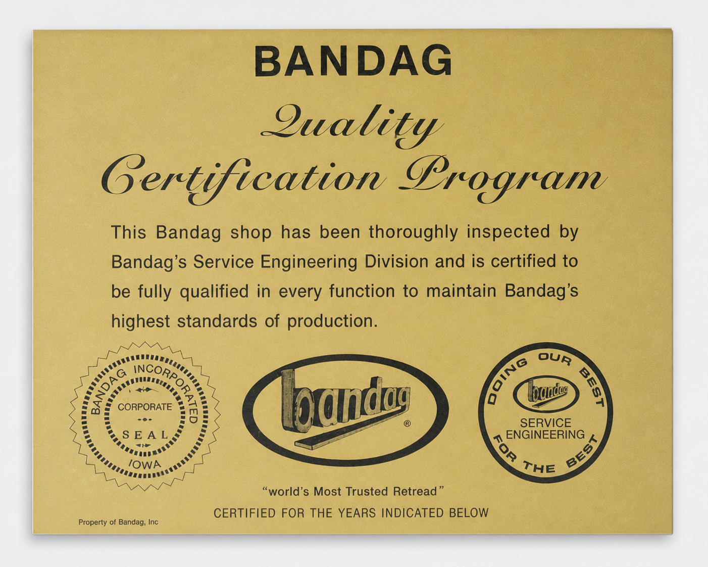 BANDAG 质量认证证书